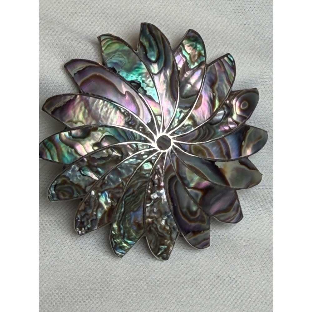 Vintage Signed CLO Mexican Sterling Silver Abalone Inlay Spiral Sunburst Brooch